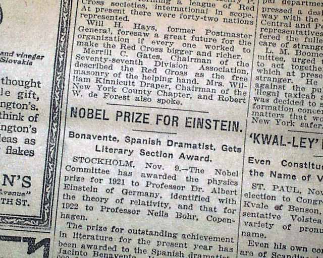A newspaper saying that Einstein won a Nobel prize (http://www.rarenewspapers.com ())